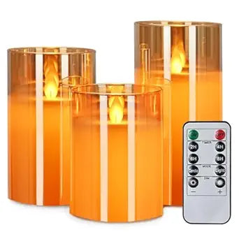 Real Wax LED Glass Pillar Flameless Candles | Faux Dancing Wick | Amber Gold Glass | Battery Powered with Multifunctional Remote Controller for Home Decor | Set of 3 (H-4",5",6" x D-3")