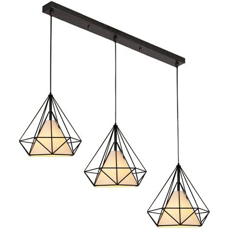 40 Watts 3-Lights Black Metal Diamond Cluster with White Shade, Adjustable Pendant Hanging Ceiling Decorative Lamp