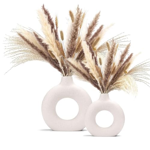 RIBBONS Set of 2 Donut Vases (White, 8.5 & 6 Inches) for Flowers Plants Pampas Grass