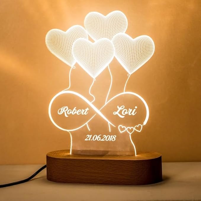 3D Illusion Personalized LED Heart Lamp for Couples Marriage Anniversary| Customized Anniversary Love Couple Gifts Valentine Day