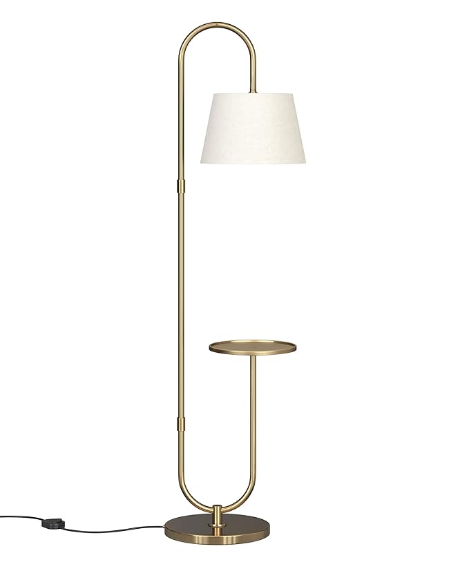 Table Shelf LED Floor Lamp Standing Brass Antique Finish Gold 5ft Height with Shelf Diameter 10 Inches and Off White Lampshade