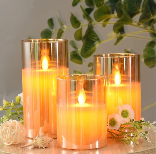 Real Wax LED Glass Pillar Flameless Candles | Faux Dancing Wick | Amber Gold Glass | Battery Powered with Multifunctional Remote Controller for Home Decor | Set of 3 (H-4",5",6" x D-3")