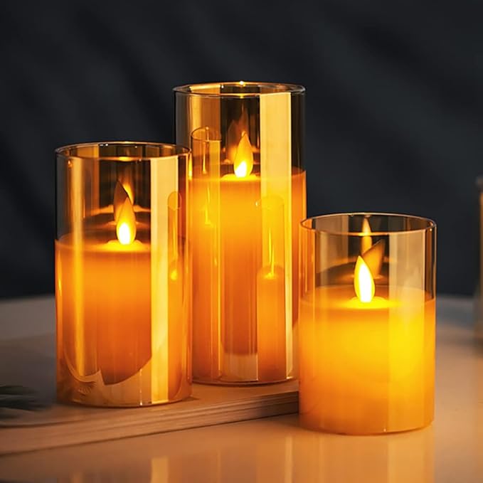 Real Wax LED Glass Pillar Flameless Candles | Faux Dancing Wick | Amber Gold Glass | Battery Powered with Multifunctional Remote Controller for Home Decor | Set of 3 (H-4",5",6" x D-3")