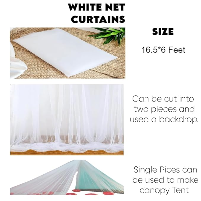 Tulle White net Curtain Cloth Backdrop Combo with Green Leaves for Birthdays, Anniversary, Baby Shower, Photo Shoot, Wedding Party, Background, Ceremony- Set of 11 pcs Size Long