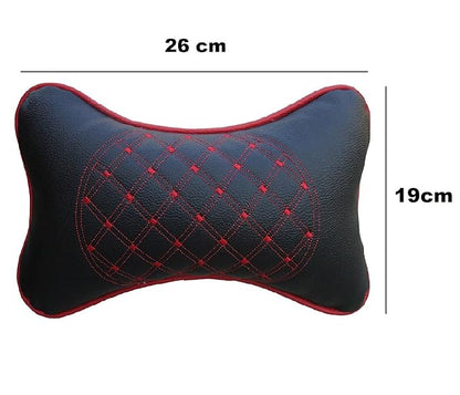 Faux Leather Car Neck Rest Pillow/Cushion Set of Pillows Compatible with All Cars (Black, with RED Embroidery) - Pack of 2 Pieces