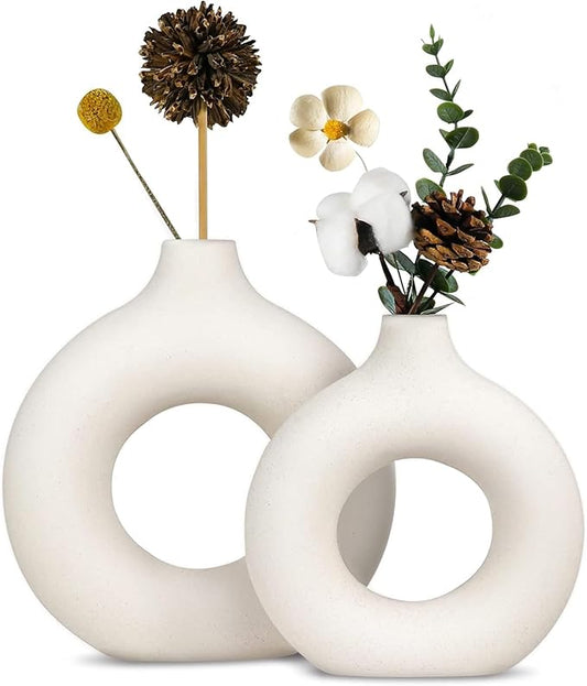 RIBBONS Set of 2 Donut Vases (White, 8.5 & 6 Inches) for Flowers Plants Pampas Grass