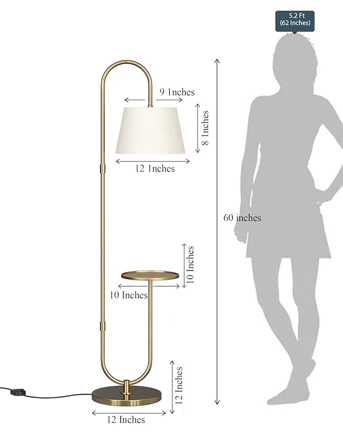 Table Shelf LED Floor Lamp Standing Brass Antique Finish Gold 5ft Height with Shelf Diameter 10 Inches and Off White Lampshade