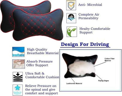 Faux Leather Car Neck Rest Pillow/Cushion Set of Pillows Compatible with All Cars (Black, with RED Embroidery) - Pack of 2 Pieces