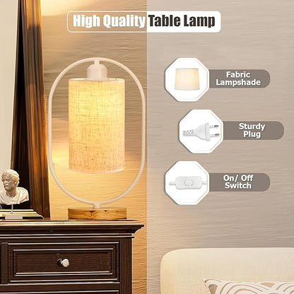 Bedside Lamp for Living Rooms | Bed Lamps for Bedroom with On/Off Button | Side Table Lamp for Bedroom with Cotton Shade, LED, White