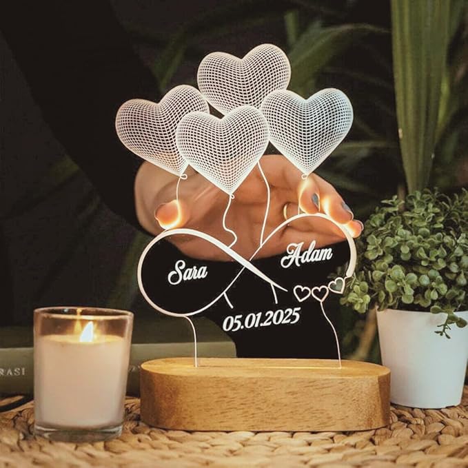 3D Illusion Personalized LED Heart Lamp for Couples Marriage Anniversary| Customized Anniversary Love Couple Gifts Valentine Day