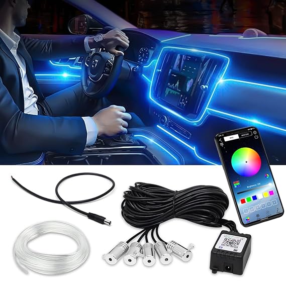 5 pcs RGB Multicolor Car Interior Dashboard + Door Vibe Ambience Neon EL Wire Atmosphere Lighting kit with Music/Sound sync and movike app Control