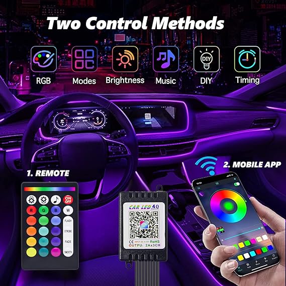 5 pcs RGB Multicolor Car Interior Dashboard + Door Vibe Ambience Neon EL Wire Atmosphere Lighting kit with Music/Sound sync and movike app Control