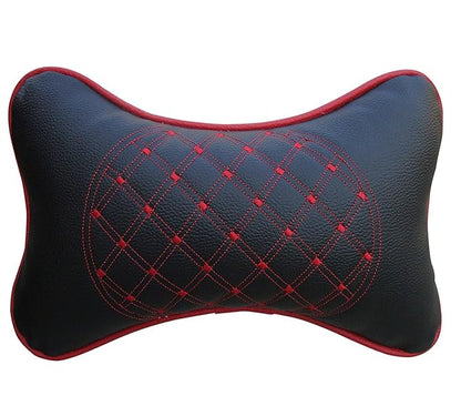 Faux Leather Car Neck Rest Pillow/Cushion Set of Pillows Compatible with All Cars (Black, with RED Embroidery) - Pack of 2 Pieces