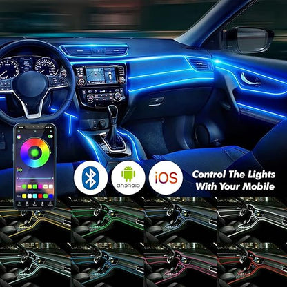 5 pcs RGB Multicolor Car Interior Dashboard + Door Vibe Ambience Neon EL Wire Atmosphere Lighting kit with Music/Sound sync and movike app Control