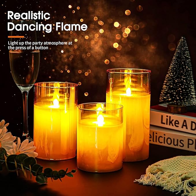 Real Wax LED Glass Pillar Flameless Candles | Faux Dancing Wick | Amber Gold Glass | Battery Powered with Multifunctional Remote Controller for Home Decor | Set of 3 (H-4",5",6" x D-3")