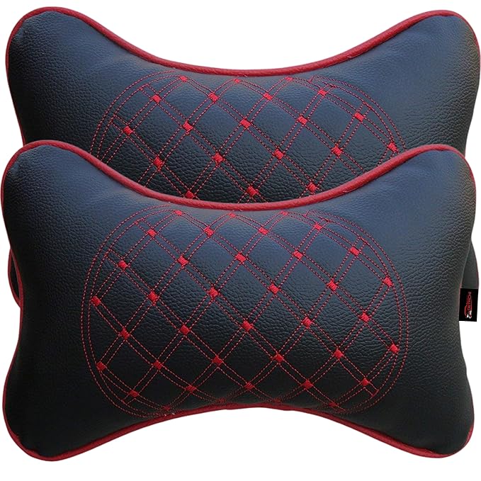 Faux Leather Car Neck Rest Pillow/Cushion Set of Pillows Compatible with All Cars (Black, with RED Embroidery) - Pack of 2 Pieces