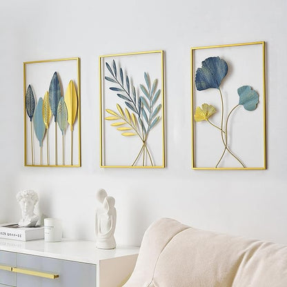 Gold Leaf Wall Decor Modern Wall Art Home Decor, Set of 3 Metal Wall Hanging Decoration